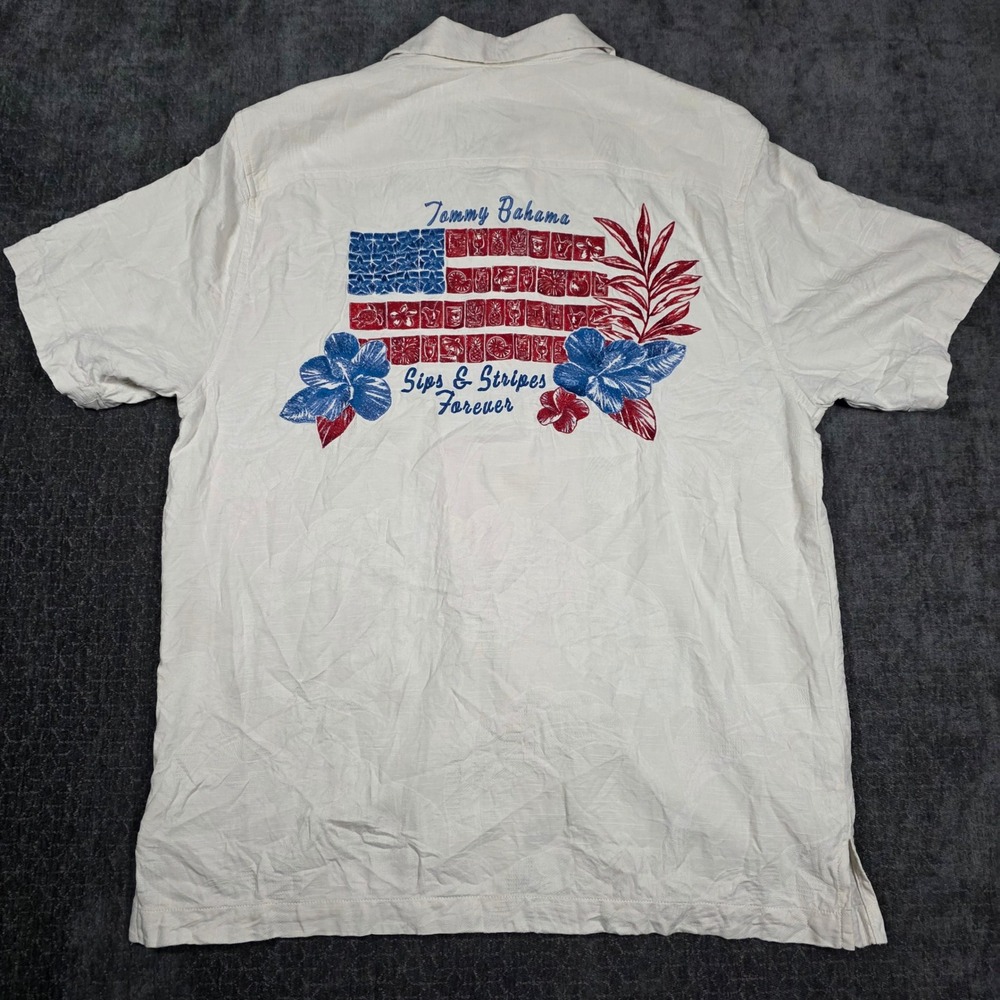 Tommy Bahama Button Down Mens Medium White Silk Sips & Stripes Patriotic Shirt M